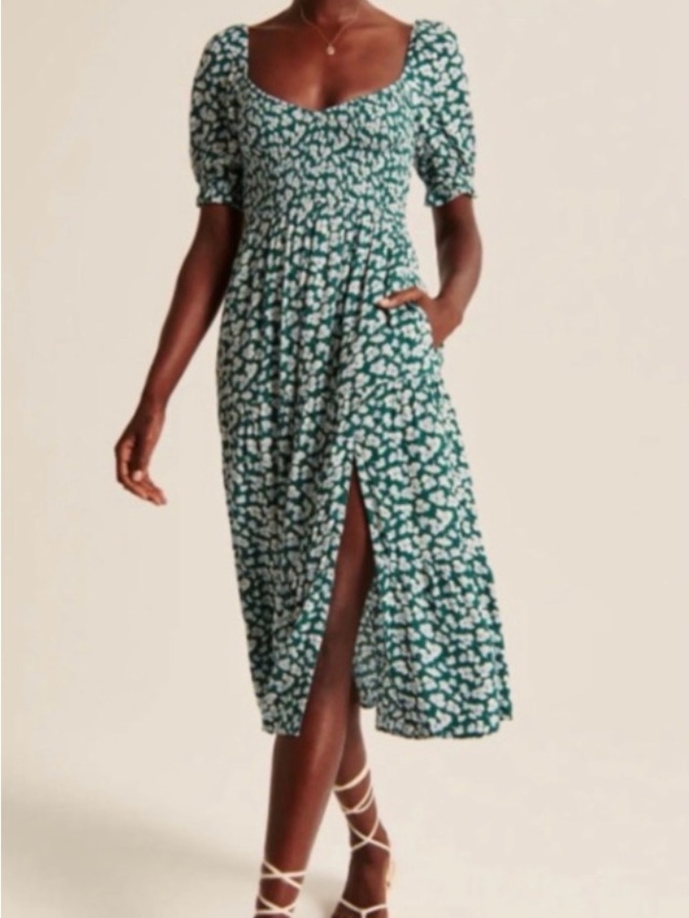 Abercrombie & Fitch Green Floral Midi Dress with Puff Sleeves